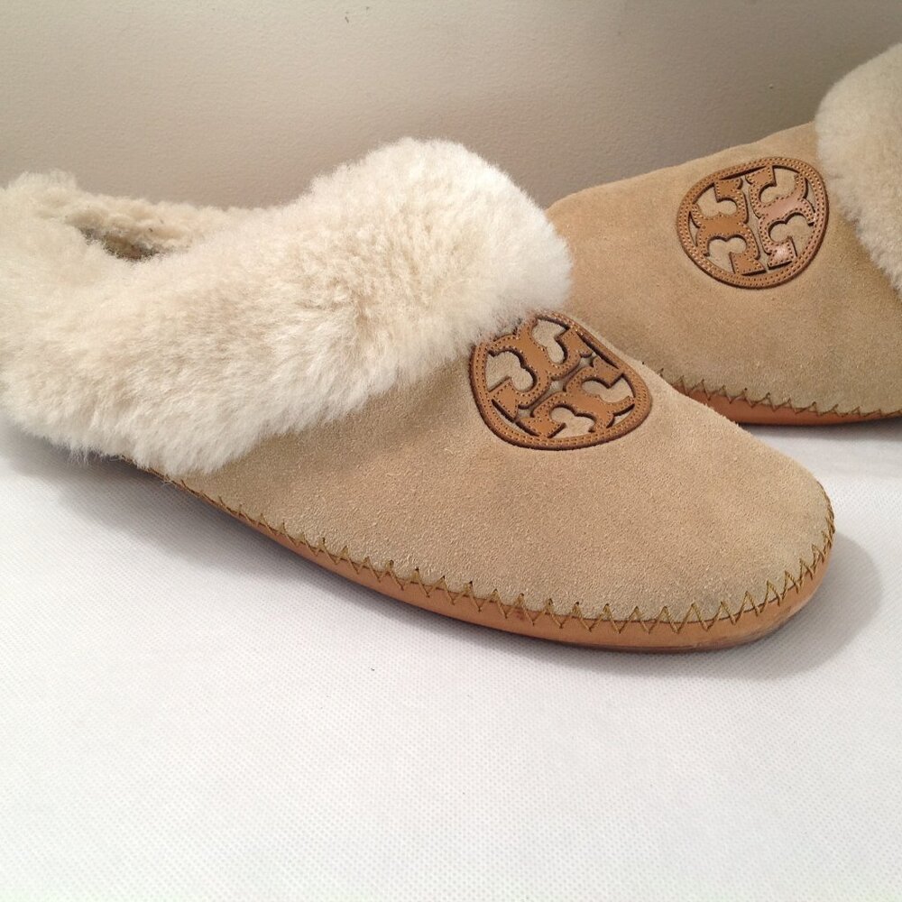 Tory Burch Moccasin Suede Leather Shearling Slippers 11 - Picture 2 of 8